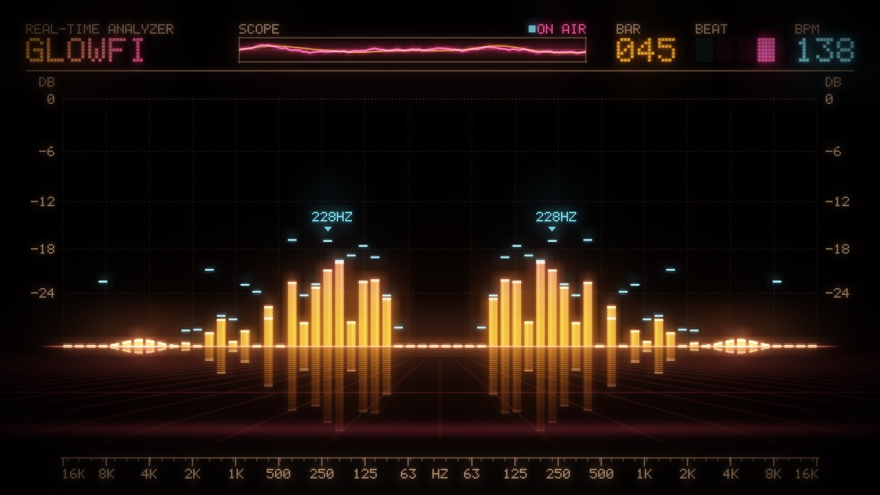 The Bars scene: a mirrored spectrum analyzer on a glossy floor