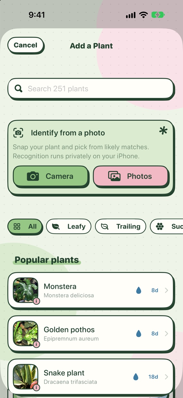 Add a Plant: identify from a photo or browse the library