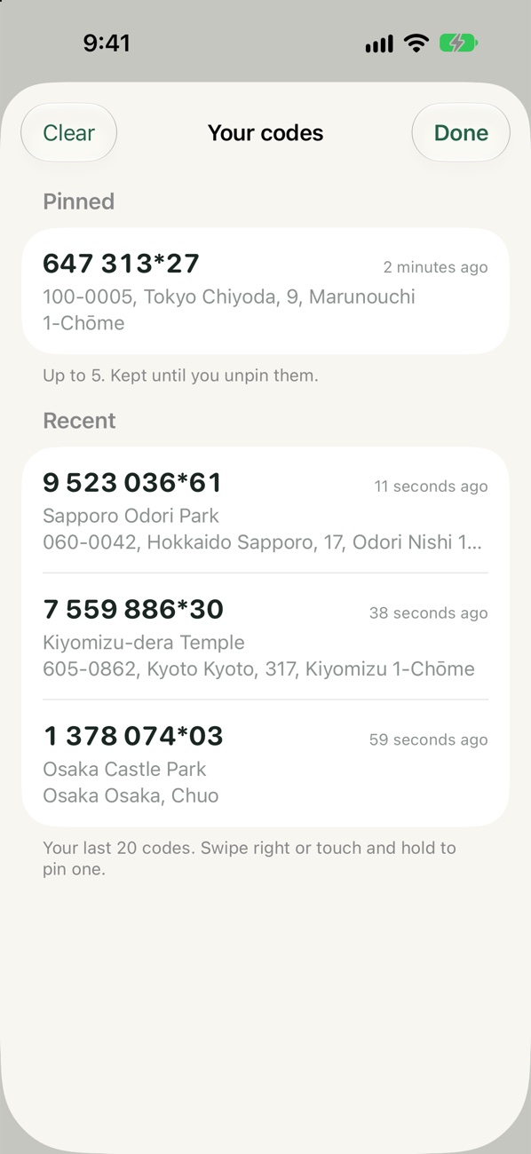 Your codes: Tokyo Station pinned, and Sapporo, Kiyomizu-dera and Osaka Castle under Recent