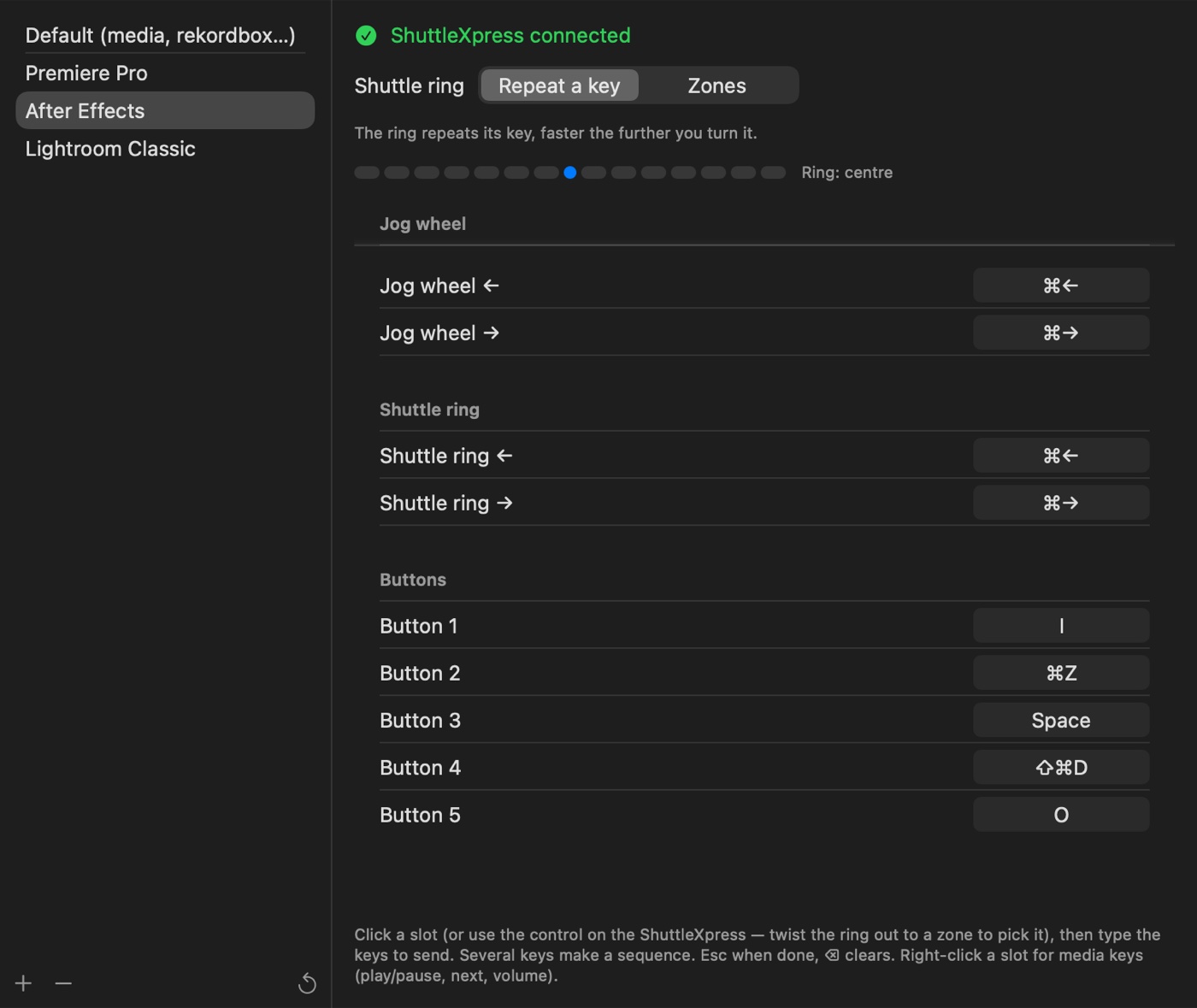 The After Effects profile: jog wheel, shuttle ring and five buttons, each mapped to keys