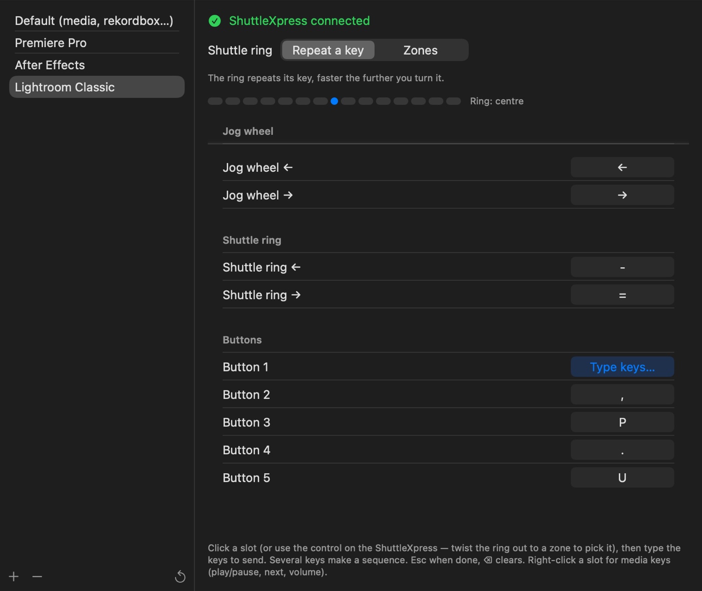 The Lightroom Classic profile with Button 1 waiting for keys