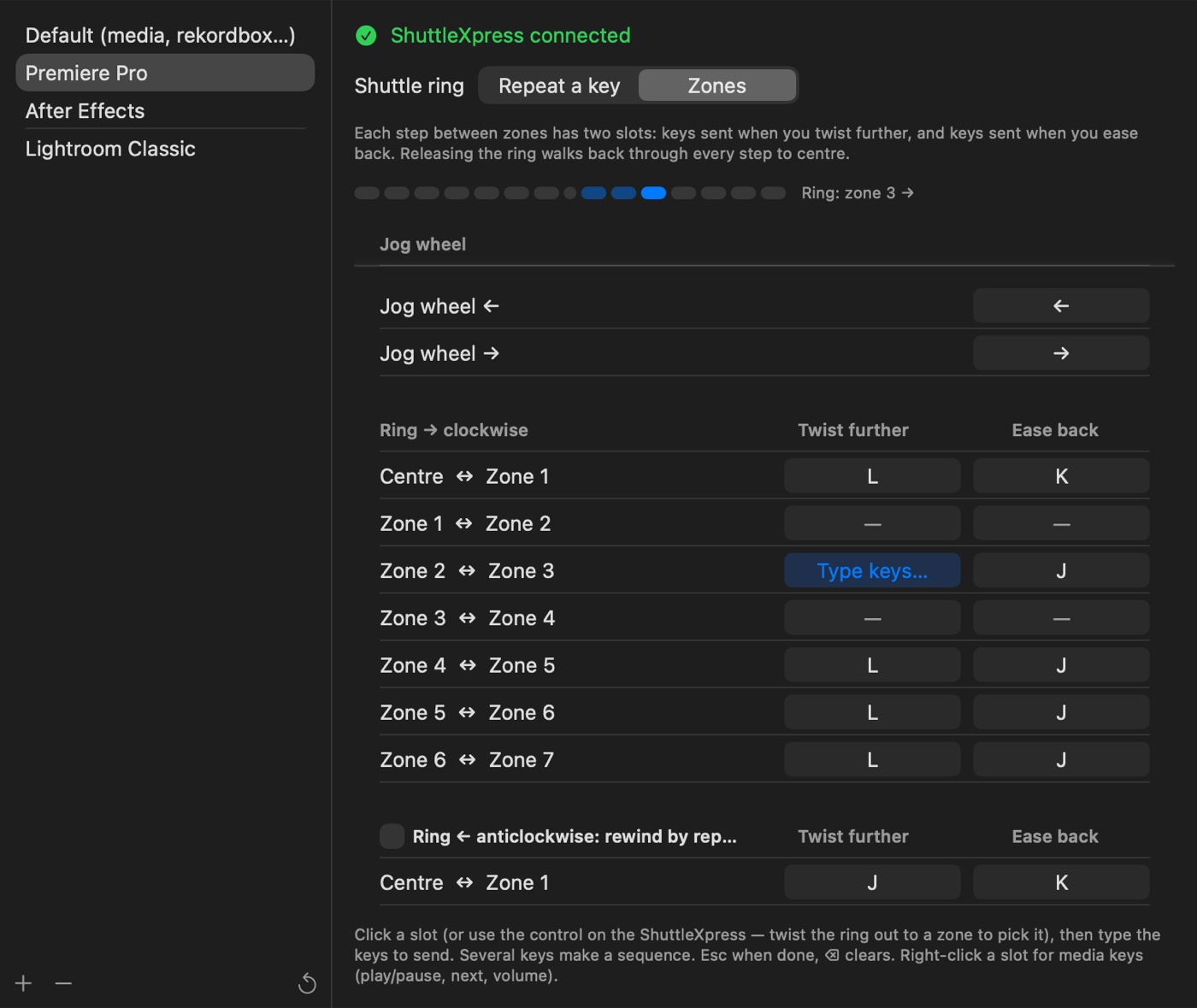 ShuttlerMicro's Settings window with the Premiere Pro profile
