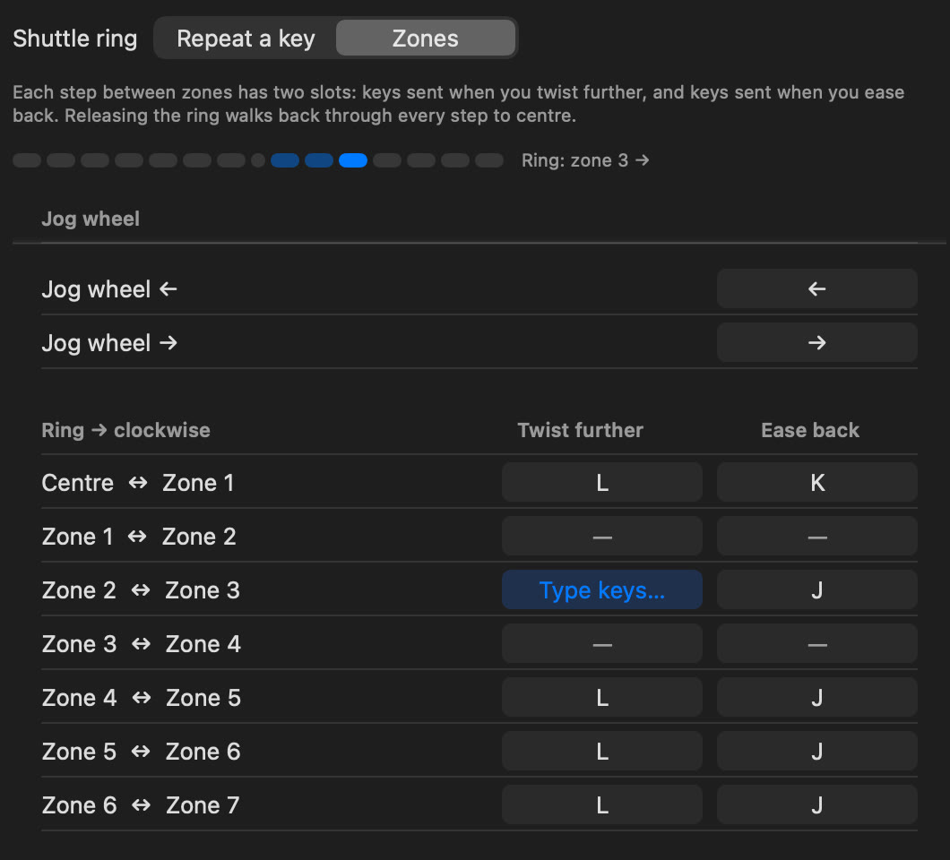 Close-up of the zones table: twist-further and ease-back keys for each step, with the live zone meter at zone 3