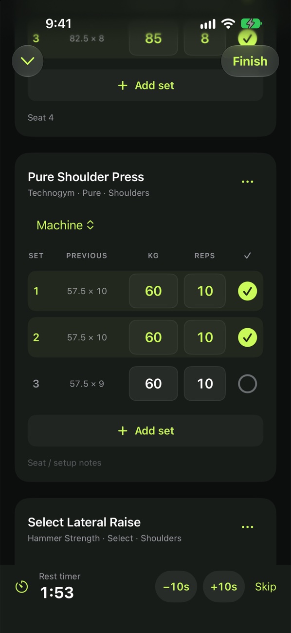 The in-app rest bar counting down 1:53 with −10s, +10s and Skip