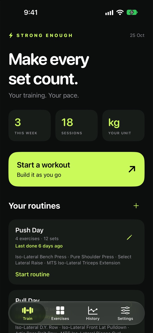 The Train screen: 3 workouts this week, 18 sessions, Start a workout and the Push Day routine