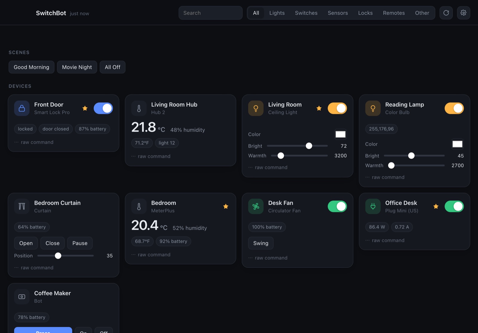 SwitchBot for Mac's main window with lights, sensors, a lock and scenes
